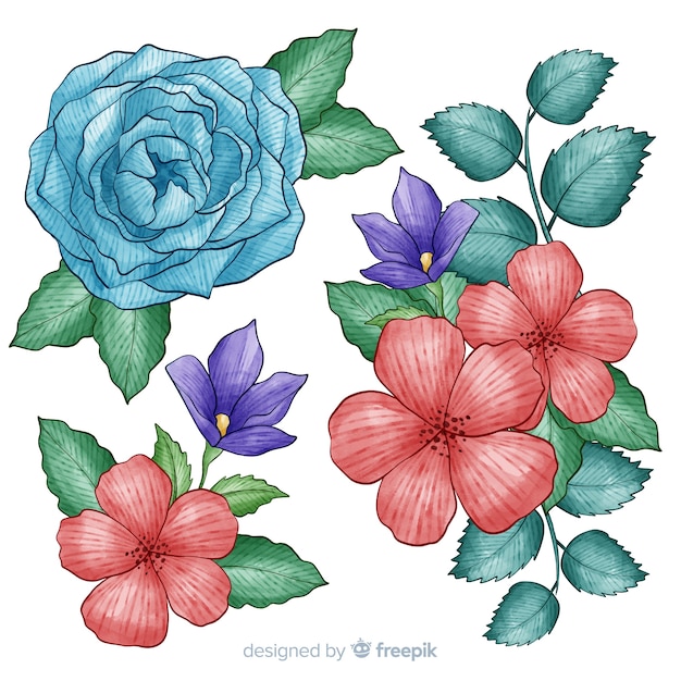 Gratis vector tropische bloemencollectie met viooltjes en rozen