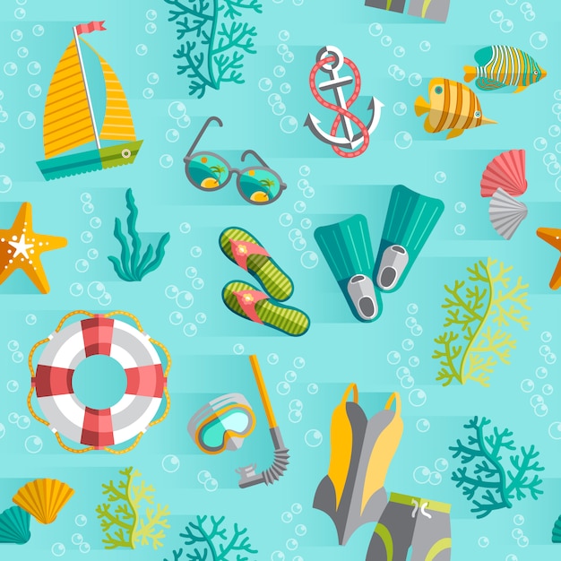Tropische eiland souvenir wrap papieren naadloze patroon met zwemkleding en duiken snorkel