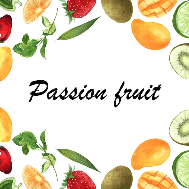 Tropische fruit frame banner met tekst, passievruchten met kiwi, ananas, fruitig patroon