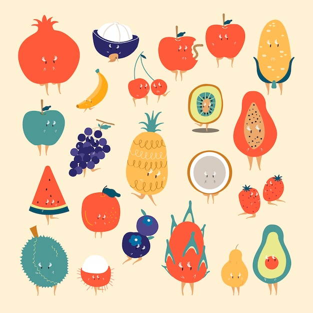 Gratis vector tropische fruit stripfiguren vector set