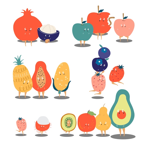 Tropische fruit stripfiguren vector set