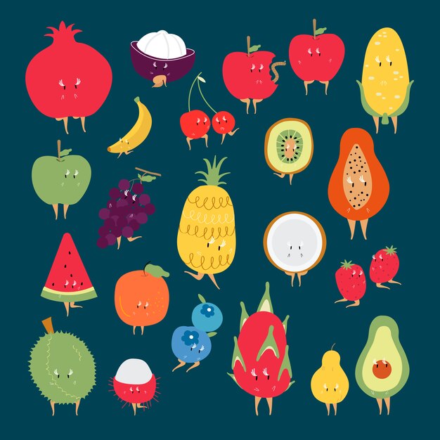 Tropische fruit stripfiguren vector set