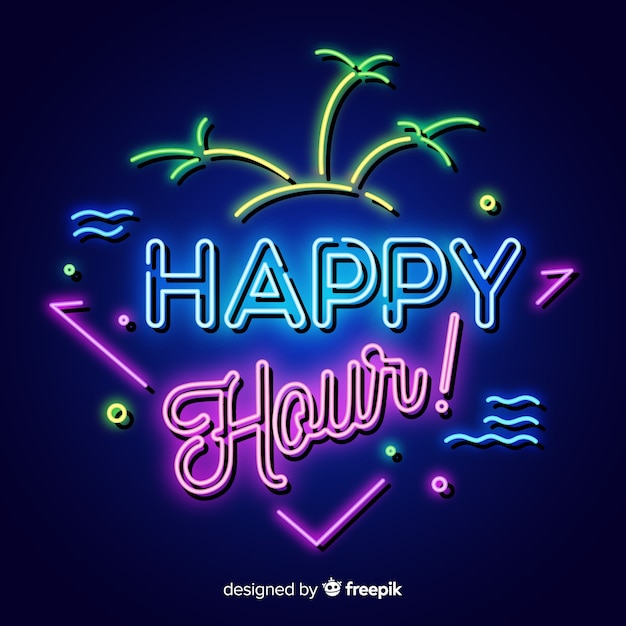 Gratis vector tropische happy hour-poster met neonontwerp