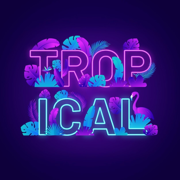 Gratis vector tropische neonlicht belettering met bladeren