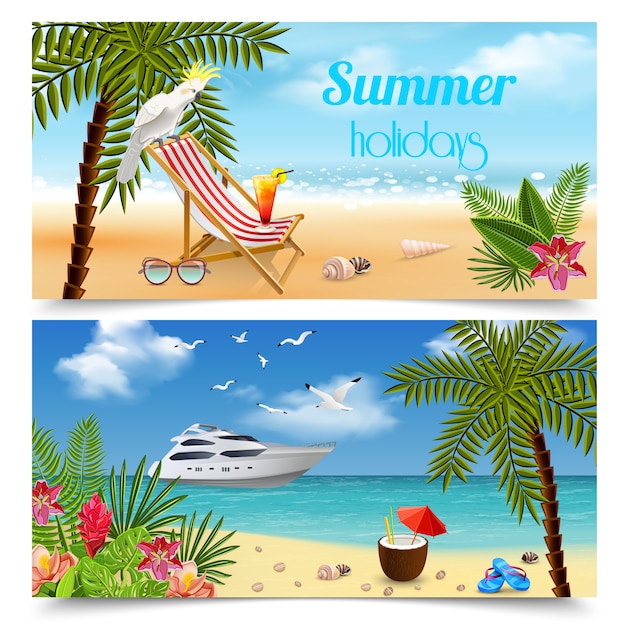 Tropische paradijs banners collectie met afbeeldingen van zomervakantie ontspanning aan zee met strandlandschappen