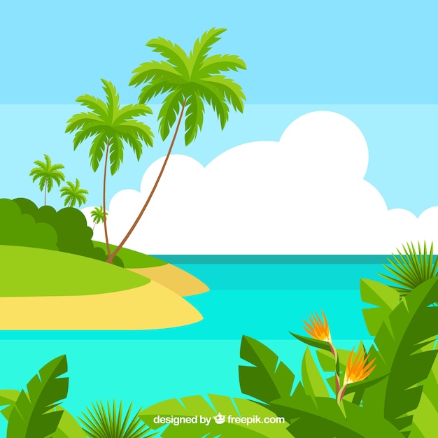 Gratis vector tropische strandachtergrond met palmen