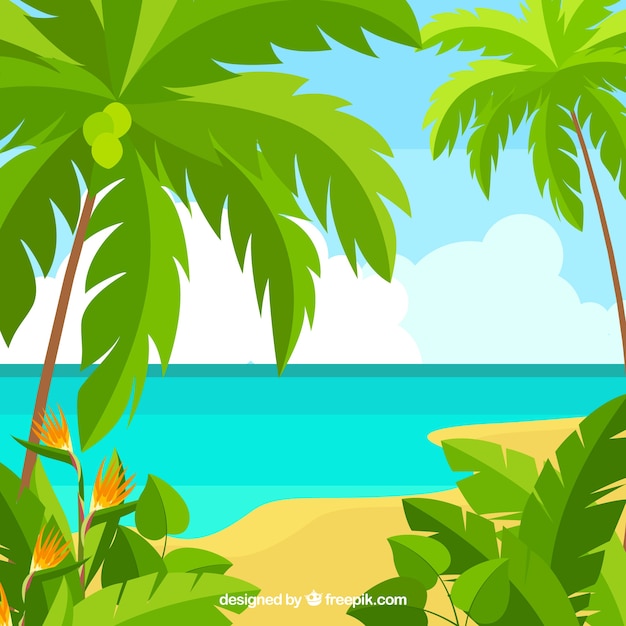 Gratis vector tropische strandachtergrond met palmen