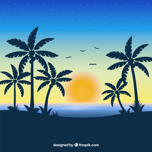 Tropische strandachtergrond met zonsondergang