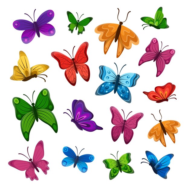 Tropische vlinders van verschillende kleuren set. Vectorillustraties van insecten met veelkleurige vleugels. Cartoon blauw geel oranje groen violet rood dieren geïsoleerd wit. Fantasie, tattoo-concept