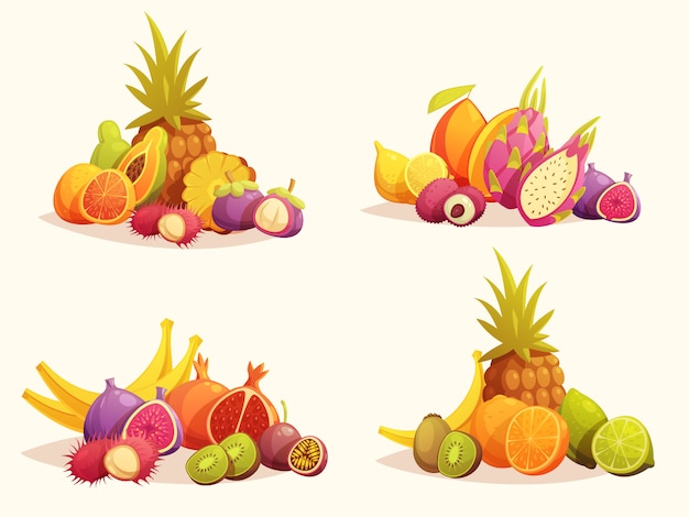 Gratis vector tropische vruchten 4 kleurrijke composities instellen