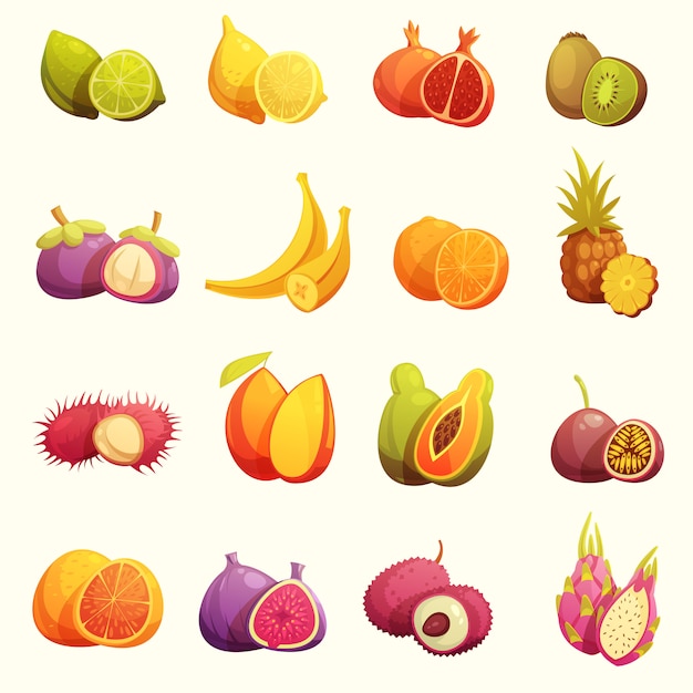 Tropische vruchten Retro Cartoon Icons Set