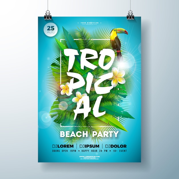 Gratis vector tropische zomer strand partij flyer met bloem en toekan vogel