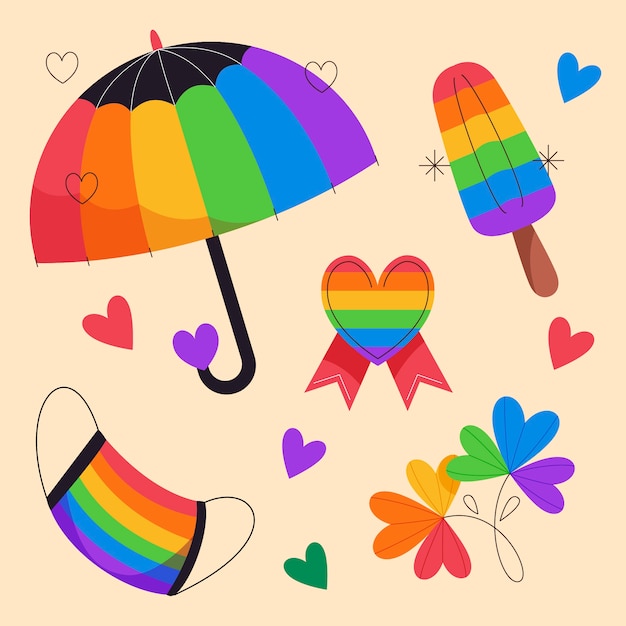 Gratis vector trots maand handgetekende platte lgbt element collectie