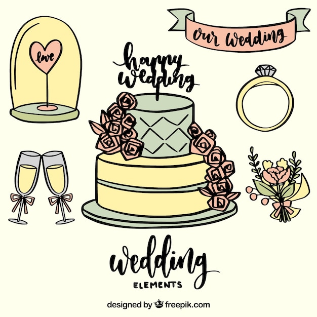 Gratis vector trouwcake met andere handgetekende elementen