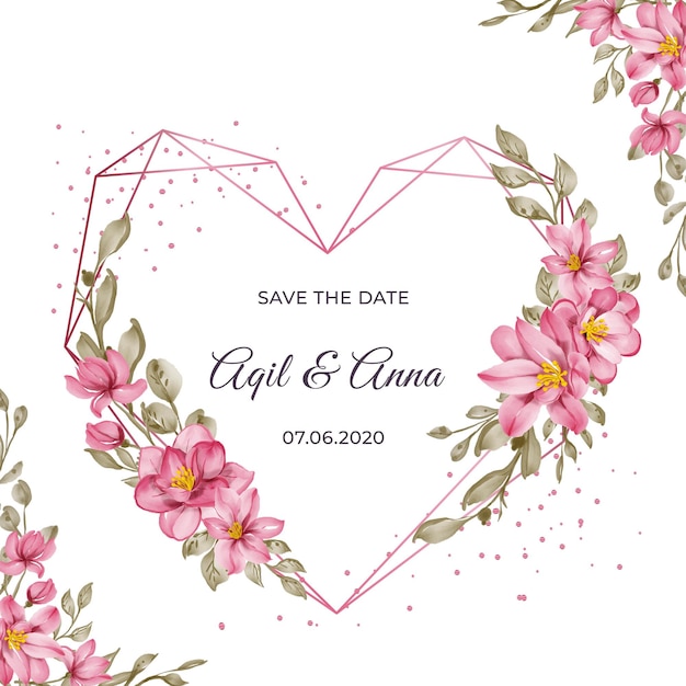 Gratis vector trouwkaart met geometrische hartvorm met mooi roze bloemframe