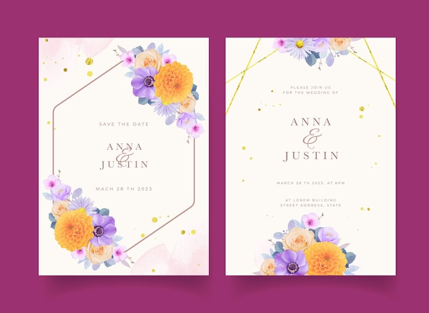 Trouwuitnodiging met aquarel paarse en gele bloemen