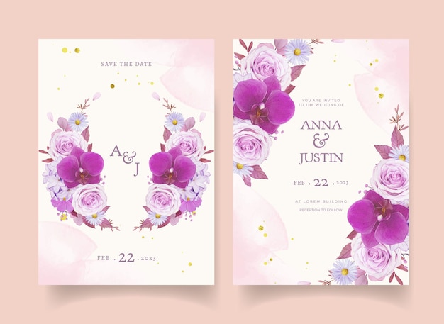 Trouwuitnodiging met aquarel paarse roos en orchidee