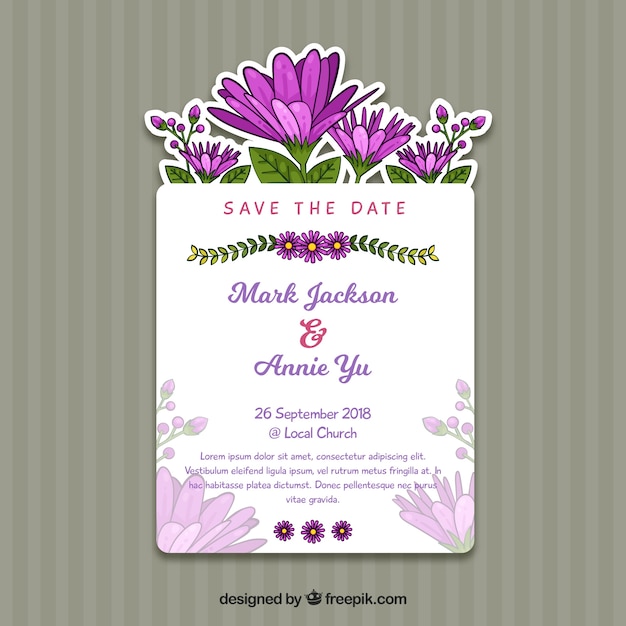 Trouwuitnodiging met paarse bloemen