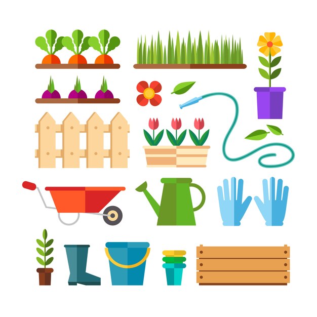 Tuinieren en tuinbouw, hobbygereedschap, groentekist en planten.