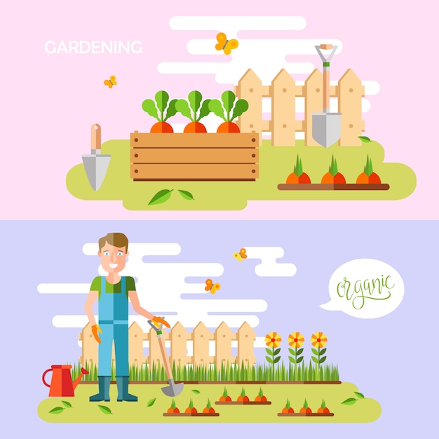 Gratis vector tuinieren en tuinbouw, hobbygereedschap, groentekist en planten.