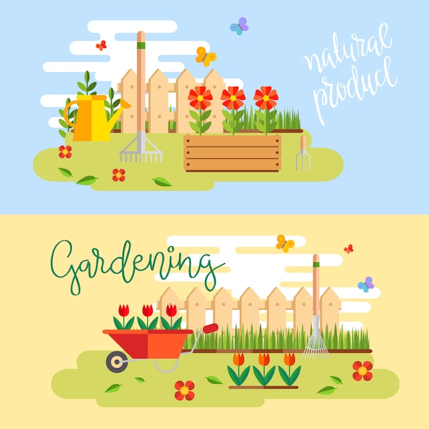 Gratis vector tuinieren en tuinbouw, hobbygereedschap, groentekist en planten.