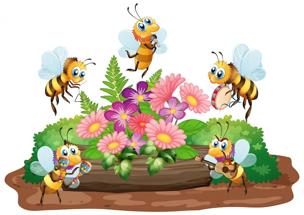 Tuinscène met vele bijen die op witte achtergrond vliegen