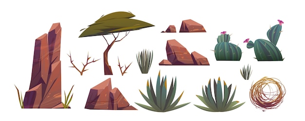 Gratis vector tumbleweed, cactussen en rotsen van zandwoestijn in afrika