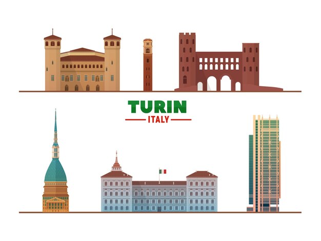 Turijn Italië beroemde bezienswaardigheden op witte achtergrond Vector Illustratie Zakelijk reizen en toerisme concept met moderne gebouwen Afbeelding voor banner of website