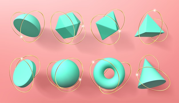 Gratis vector turquoise 3d geometrische vormen met gouden ringen