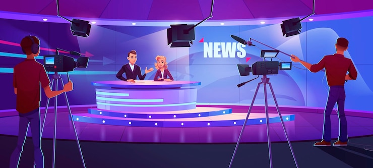 Gratis Vector tv-presentatoren die nieuws uitzenden in moderne televisiestudio met cameraman, lichtapparatuur en aarde op een enorm panoramisch scherm. anchorman en nieuwslezer rapportageprogramma, cartoon vectorillustratie