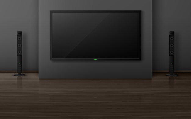 Tv-toestel met dynamiek in woonkamer interieur, home cinema-systeem met televisie aan de muur, leeg huis appartement met houten vloer. appartement ontwerpvisualisatie, realistische 3d illustratie