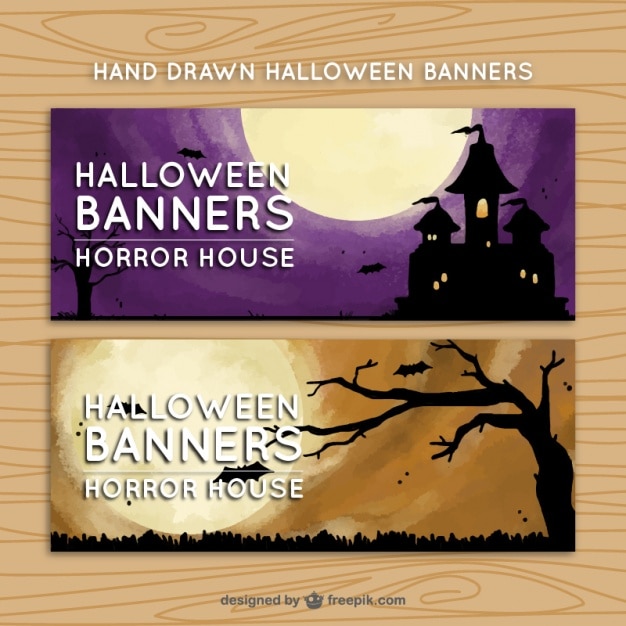 Twee banners met enge scènes voor halloween