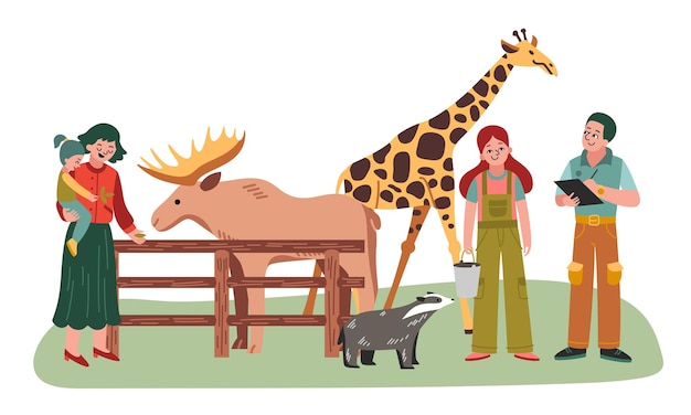 Gratis vector twee dierenverzorgers en blije dierentuinbezoekers die dieren elanden, giraffe en wasbeer platte vectorillustratie voeren