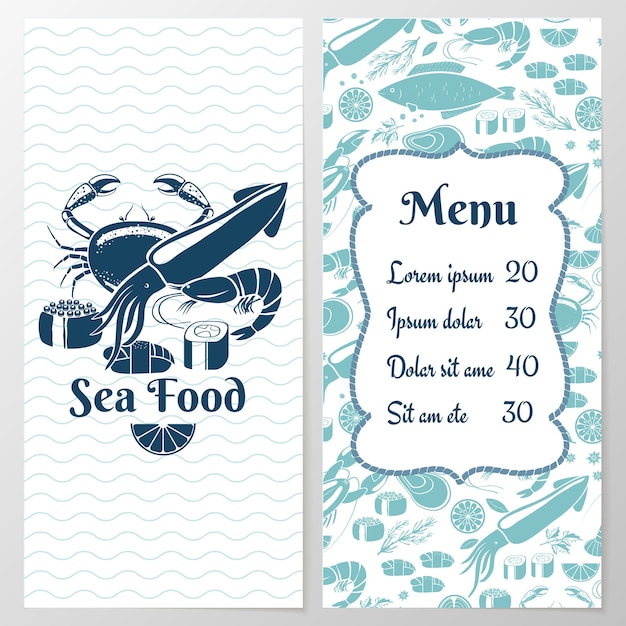 Gratis vector twee gepagineerde blue fish-menu met afbeelding en ruimte voor tekst