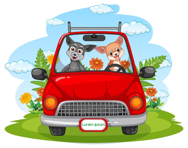 Gratis vector twee honden rijden rode auto in het park