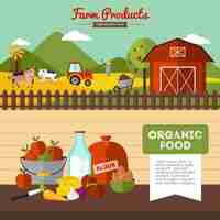 Gratis vector twee horizontale boerderijbanners met natuurvoeding en boerenerf in vlakke stijl vectorillustratie