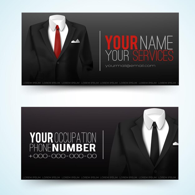 Twee horizontale zakelijke zwarte banner set of visitekaartje set met uw naam, uw diensten, telefoonnummers en e-mailbeschrijvingen