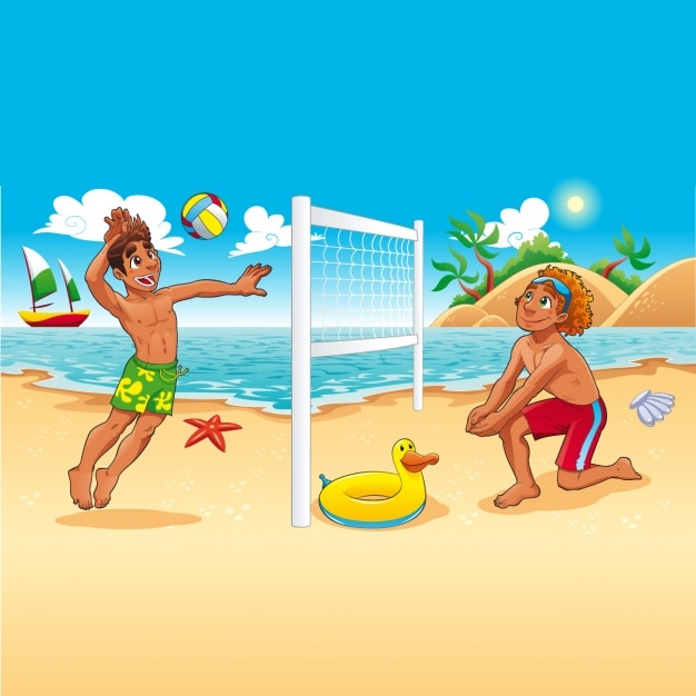 Gratis vector twee jongens spelen strandbal