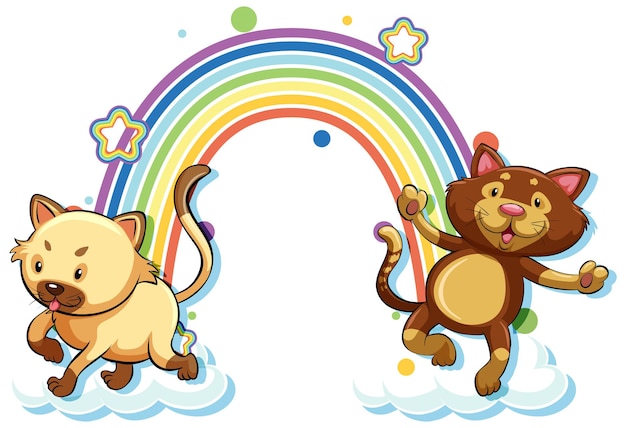 Gratis vector twee katten stripfiguur met regenboog