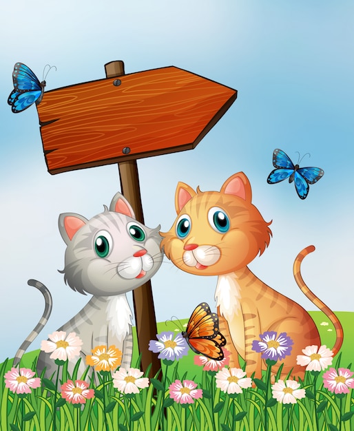 Gratis vector twee katten voor een leeg houten pijlbord