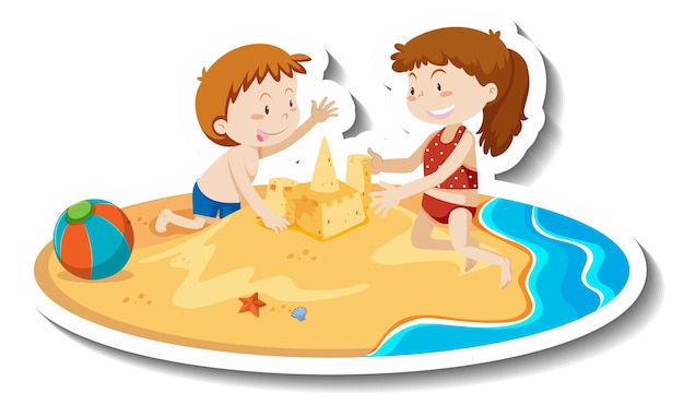 Gratis vector twee kinderen bouwen zandkasteel op het strand