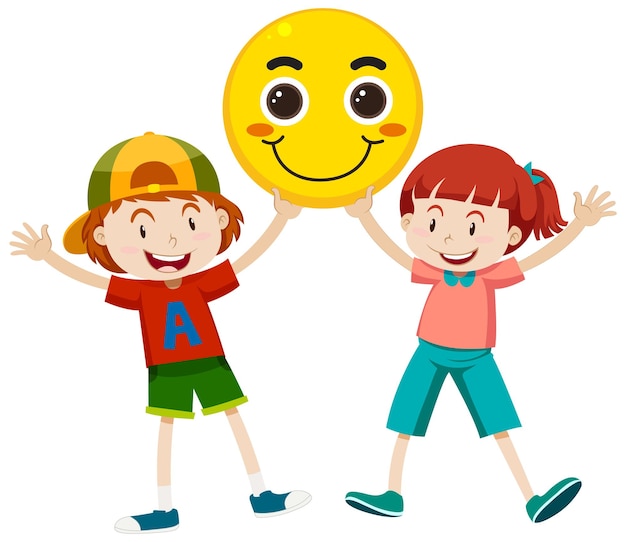 Gratis vector twee kinderen houden het emoji-pictogram van de glimlach vast