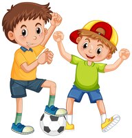 Twee kinderen spelen voetbal stripfiguur