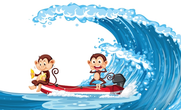 Gratis vector twee kleine aapjes op een boot met oceaangolf
