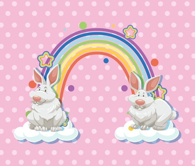 Twee konijnen op de wolk met regenboog op roze stipachtergrond