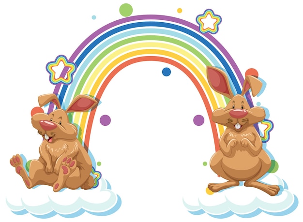 Gratis vector twee konijnen stripfiguur met regenboog