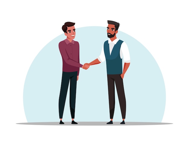 Twee mannen schudden elkaar de hand geïsoleerd op witte achtergrond ontmoeting en groet vrienden zakenlieden deal overeenkomst illustratie van partnerschap samenwerking communicatie