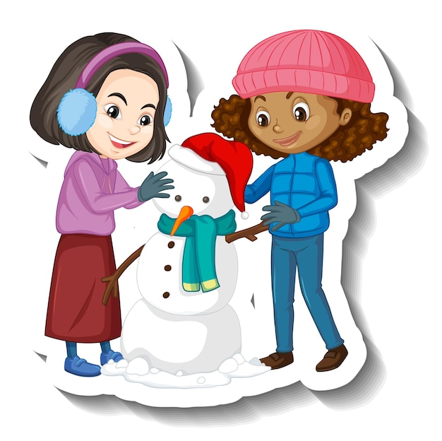 Twee meisjes bouwen een sneeuwpop stripfiguur sticker