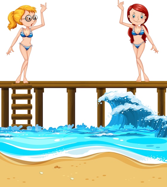 Twee meisjes in zwemkleding die op een houten pier staan
