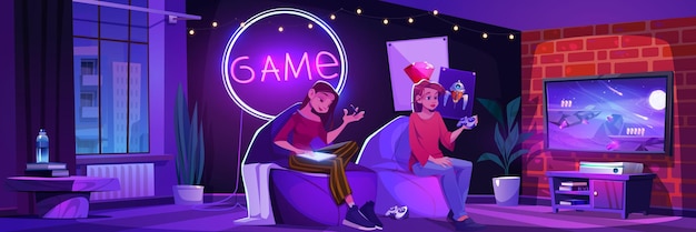 Gratis vector twee meisjes puttend uit tabblad videospel spelen 's nachts vectorillustratie van vriendinnen zitten in fauteuils in kamer versierd met neonlamp genieten van design hobby computergamen met joystick